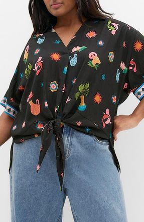 City Chic Selena Print Tie Front Top in Black at Nordstrom, Size 16W