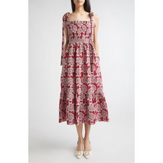 Erdem Floral Embroidered Tiered Cotton Blend Midi Sundress in Cherry at Nordstrom, Size 8 Us