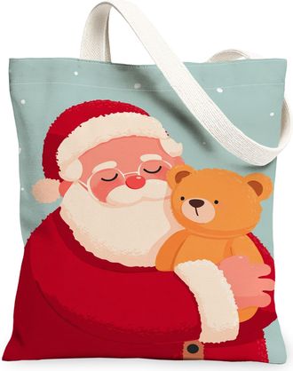 Generic Santa Bear Canvas Tote Bags, Cute Holiday Pattern Reusable Shopping Bags, Fun Festive Lightweight Washable Shoulder Strap Canvas for Gifts Travel Beac