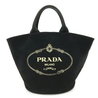 Prada Canapa Black Canvas Leather Handbag Tote Bag (Pre-Owned)