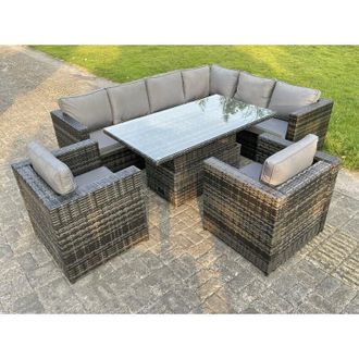 Fimous Fimous Dark Mixed Grey Outdoor Rattan Garden Furniture Sofa Set Rising Adjustable Dining Or Coffee Table 2 Chairs Patio Furniture Right Corner
