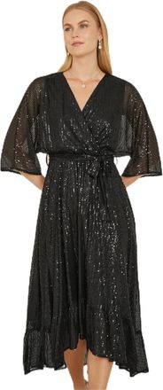 Yumi Black Sequin Kimono Midi Wrap Dress 14 Black