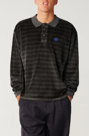 Rip Curl Disorder Stripe Long Sleeve Velour Polo in Washed Black at Nordstrom, Size X-Large