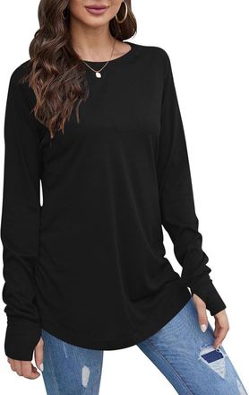 Generic Women Long Sleeve T-Shirts with Thumb Hole Casual Fall Autumn Pullover Tops Thermal Shirts for Ladies UK Solid Crew Neck Base Layer Tee Shirt Longline