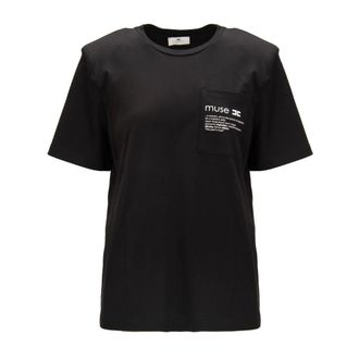 Elisabetta Franchi T-Shirts, female, Black, Size: L Crew-neck T-shirt