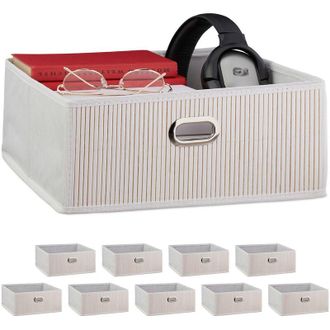 Relaxdays Relaxdays - 10 Cestos Almacenaje Bamb&uacute;, Cestitas Cuadradas Tela Ba&ntilde;o, Cajas Bajas Estante, 14 X 31 X 31 Cm, Asa, Plegables, Blanco