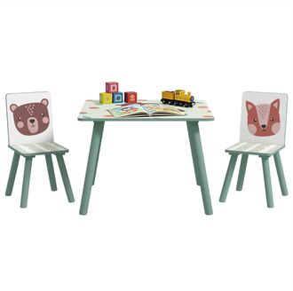 OEM Set De Mesa Y 2 Sillas Conjunto De Muebles Infantiles De 3 Piezas Para Ni&ntilde;os De +3 A&ntilde;os Con Estampado Animales Y Verde