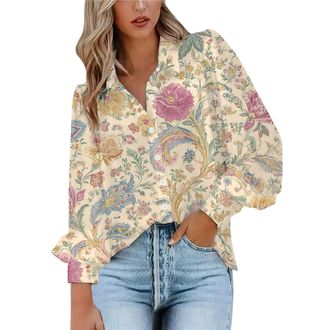 Generic Blouses for Women Puff Long Sleeve V Neck Collared Button Down Shirt Ladies Vintage Floral Print Fashion Tops(Beige, XXXL)