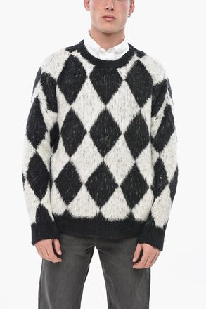 Celine Maglia Girocollo Effetto Fuzzy con Motivo Argyle Celine