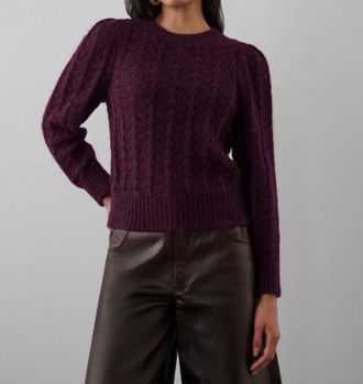 White + Warren Plush Pointelle Puff Sleeve Crewneck Sweater In Black Cherry