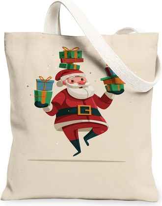 Generic Christmas Canvas Tote Bags, Fun Santa Claus Illustration Reusable Shopping Bags, Stylish Lightweight Washable Shoulder Stra, Beige, 13x15 Inch