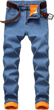 Generic Mens Fleece Lined Jeans Denim Pants Cold Weather Warm Thick Trousers with Pockets Male Straight Leg Thermal Snow Jeans with Fleece Lining Thicken Deni