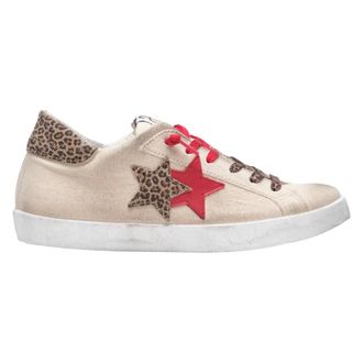 2Star Sneakers, female, Multicolor, 3 UK, Canvas Beige Trainers with Red Leather and Leopard Details