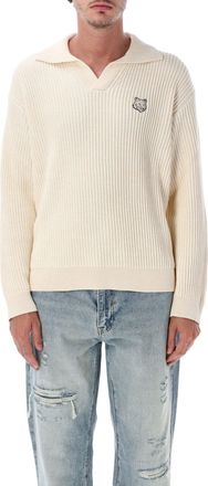Maison Kitsun&eacute; Fox Head Ribbed Cotton Long-Sleeve Polo Shirt