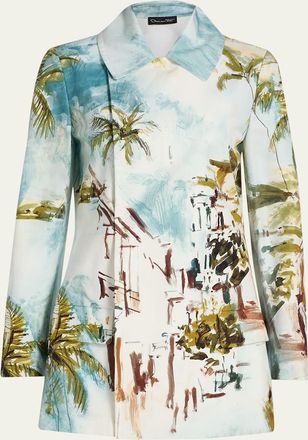 Oscar De La Renta Long-Sleeve Landscape-Print Double-Breasted Jacket