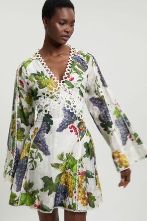 Karen Millen Womens Fruit Print Tape Detail Long Sleeve Woven Mini Dress - Floral Lyocell - Size 10 UK