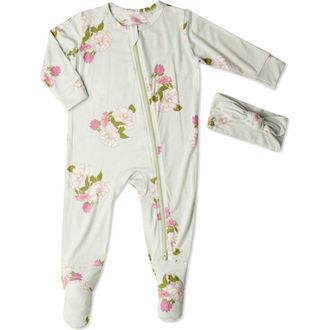 Everly Grey Jersey Long Sleeve Footie & Head Wrap Set in Peony at Nordstrom, Size Newborn