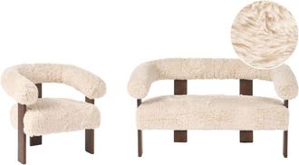 Beliani Sofa Set Off-White and Dark Brown 2 Seater Armchair Faux Fur Upholstery Retro Design Wooden Legs Living Room ILBRO