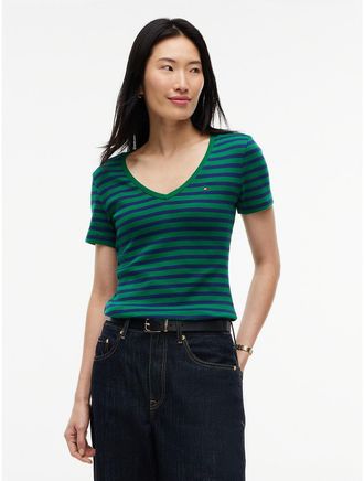 Tommy Hilfiger Womens V-Neck Striped Favorite T-Shirt - Nouveau Green - XL