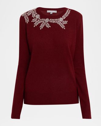 Neiman Marcus Cashmere Floral Rhinestone-Embellished Sweater