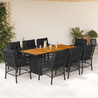 vidaXL Set De Comedor De Jard&iacute;n 9 Pzas Y Cojines Rat&aacute;n Sint&eacute;tico Negro