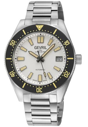 Gevril Group Mens Mariner Row Automatic, SS Case, Black Bezel, White Dial, 316L Stainless Steel Satin Bracelet Watch - Silver - One Size