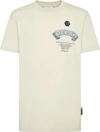Philipp Plein Rondhals T-Shirt Banner Barok Schedel - Heren - T-shirts - Beige - XS - Katoen - Tops