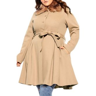 City Chic Rosemary Faux Fur Collar Coat in Neutral at Nordstrom, Size Xs