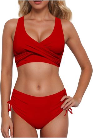 Generic Womens High Waist Bikini Set 2 Piece Swimsuit Womens Bikini Sets High Waisted Underwire Adjustable Straps Ruched Full Coverage Bottom for Beach and Po