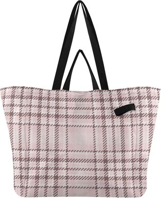 Generic Rose Pink Plaid pattern Reusable Canvas Tote Bag, Heavy Duty Grocery Shopping Bag with Large Capacity Double Handles Hard Bottom Work Groceries Travel
