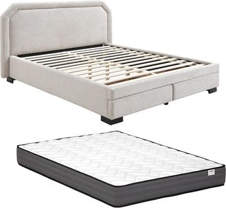 Vente-Unique Cama con cajones 160 x 200 cm - Tejido - Beige + Colch&oacute;n - INASTO