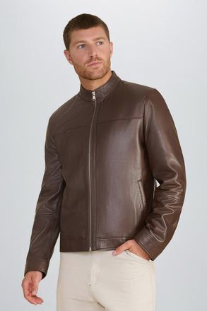 FURNIQ Otis Racer Leather Jacket in Brown at Nordstrom, Size Large