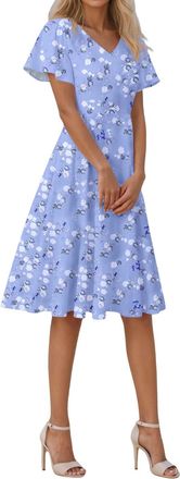 Generic Short Sleeve Midi Dress Womens Floral Summer Dresses A-line Beach Swing Dress Bohemian Sundresses Ladies V Neck Casual Midi Dresses High Waist Flowy M