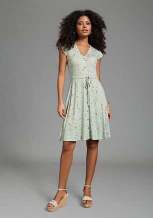 Laura Scott Sommerkleid LAURA SCOTT, Damen, Gr. 34, N-Gr, beige, gebl&uuml;mt, Jersey, Obermaterial: 95% Viskose, 5% Elasthan, gebl&uuml;mt, ausgestellt mini, V-Ausschnitt,