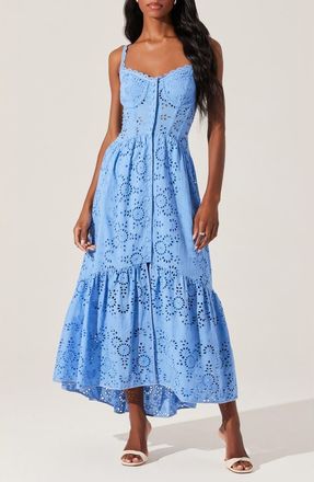 ASTR the Label Yamila Cotton Eyelet High-Low Dress in Blue at Nordstrom, Size X-Small