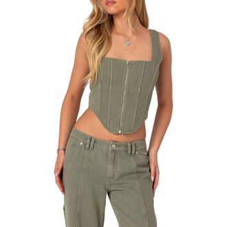 Edikted Lottie Washed Denim Crop Corset Top in Olive at Nordstrom, Size Small