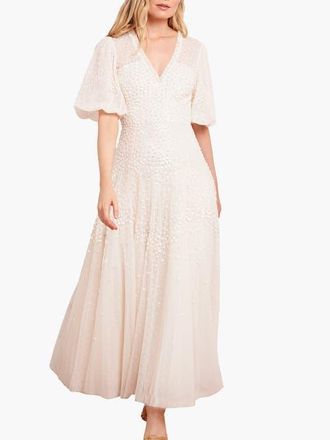 Needle & Thread Scallop Sequin V-neck Ankle Gown in Cream at Nordstrom, Size 20