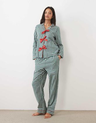 Chelsea Peers set pigiama con camicia e pantaloni in flanella di cotone spazzolato a quadri verdi-Verde
