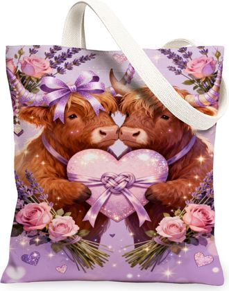 Generic Cattle Canvas Tote Bags, Floral Heart Design Reusable Grocery Bags, Spring Vintage Lightweight Washable Shoulder Strap for, Violet, 13x15 Inch
