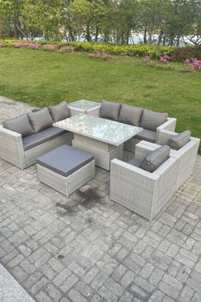 Fimous Rattan Garden Funiture Set Adjustable Rising Lifting Table Sofa Dining Set Lounge Chair Footstool in Light Grey