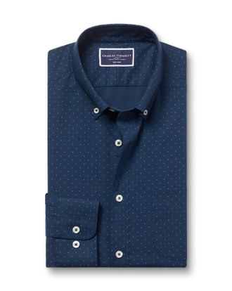 CHARLES TYRWHITT Non-Iron Stretch Print Spot Cotton Shirt - Petrol Blue Size Large by Charles Tyrwhitt