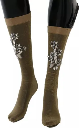 Dolce & Gabbana Gold Stretch Floral Clear Crystal Stocking Womens Socks