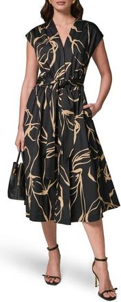 DKNY Abstract Print Stretch Cotton Midi Dress in Black/fawn at Nordstrom, Size 12