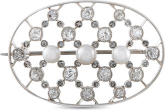 Luxury Bazaar 14K White Gold 1.30ct Diamond and Pearl Oval Openwork Brooch MF02-070726