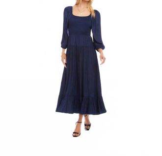 Karen Kane Blouson Sleeve Smocked Midi Dress In Navy