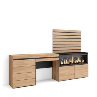 Skraut Home Tocador, Dormitorio Habitaci&oacute;n, 234x145x35 Cm, Con Caj&oacute;n, Chimenea El&eacute;ctrica Xxl, C&oacute;moda, Cajonera, Listones Decorativos, Estilo Moderno, Roble - Skra