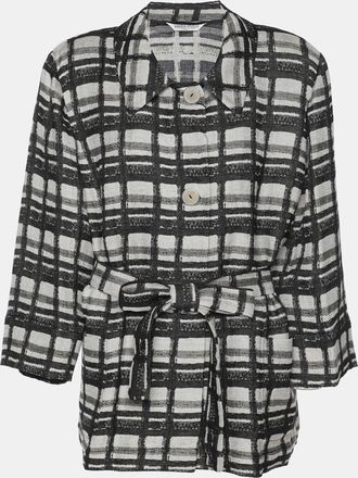 Marina Rinaldi Black/off White Check Print Linen Blend Belted Blazer