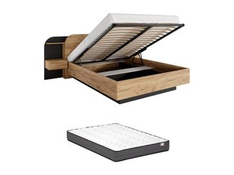 Vente-Unique Canap&eacute; abatible con mesas de noche 160 x 200 cm - Con LEDs - Color: natural y negro + Colch&oacute;n - JUVISIA