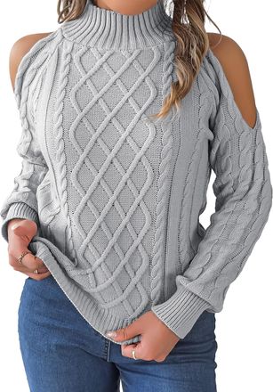 Feoya Cold Shoulder Jumper Chunky Knit Long Sleeve Sweaters Off Shoulder Pullover Casual Turtleneck Cable Knit Tops Spring Autumn Grey L