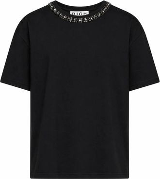 John Richmond T-shirt met versierde ronde hals - Dames - T-shirts - Zwart - M - Katoen - Tops